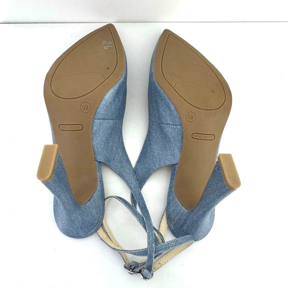 Nine West Women’s Ankle Strap Spool Heel Pointed Toe Chambray Blue Heels Size 9 - Picture 10 of 11